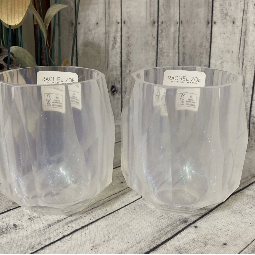 2 RACHEL ZOE Iridescent Shimmer White Acrylic Diamond Cut Glass Set Tumbler Wine